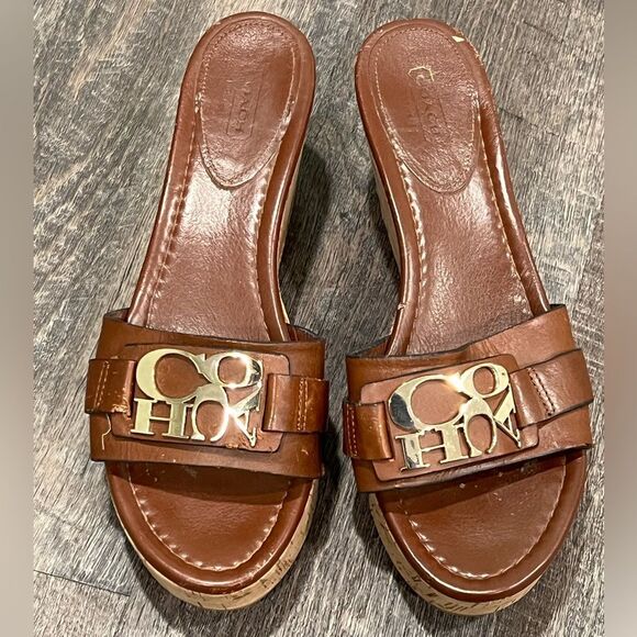 Coach Brown Leather Wedge Sandals 9.5 - Picture 1 of 7